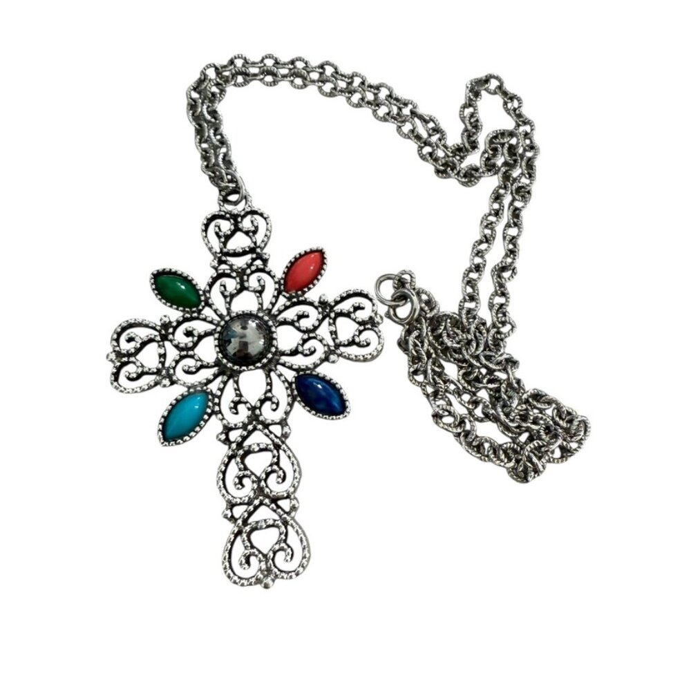 AVON Romanesque CROSS Necklace Silver Tone Filigree Cabochon Chain Necklace 1972